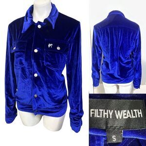 Filthy Wealth jacket electric blue faux suede long sleeve button‎ up casual -1
